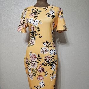 Floral Yellow Bodycon Dress – Stretchy & Bright, Size Medium (Fits M–L)